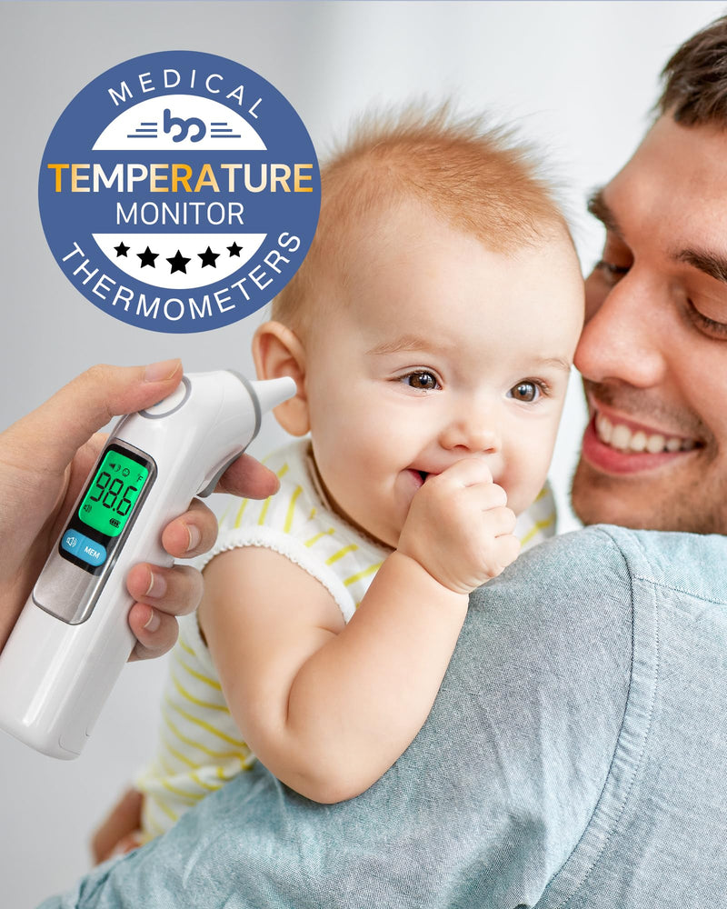 Ear Thermometer, Highly Accurate Ear Thermometer for Kids, Adults and Babies, 30 Memory Recall, 1s Result and 3-Color Fever Alert, with 24 Disposable Probe Covers, White LCD-White