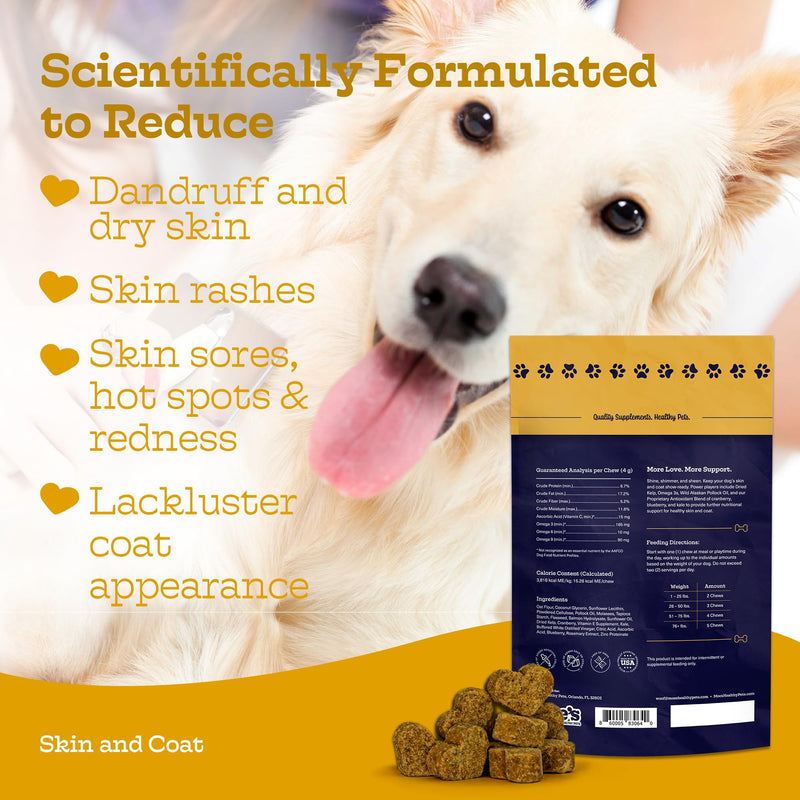 Moe’s Skin & Coat Omega 3, 6, 9 and Vitamin Supplement for Dogs- Supports Dryness, Itch Relief, & Thick, Shiny Coats- Premium Wild Alaskan Salmon Oil- For All Ages and Breeds- 90 Salmon Flavored Chews - PawsPlanet Australia