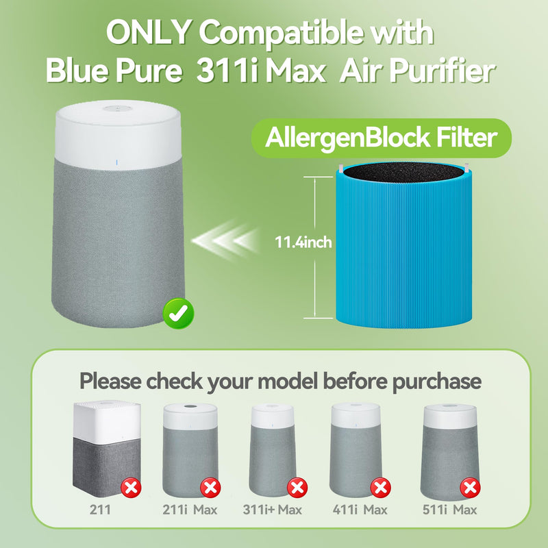 Blue Pure 311i Max AllergenBlock Replacement Filter Compatible with Blue Pure 311i Max Air Purifier, 2-in-1 H13 True HEPA and Activated Carbon Filter 311i Max 2-Pack