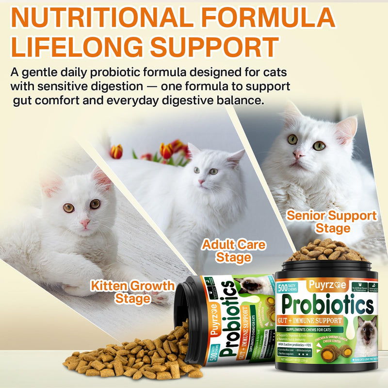 Puyrzoe Cat Probiotics & FOS Chews - Digestive + Gut Support, 500 Crunchy & Creamy Chews, Constipation Relief + Nutrient Absorption + Immune, Daily Probiotics Chews for Cats Kittens (Chicken Shrimp)