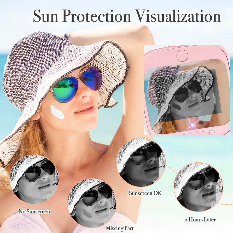 UV Camera Mirror for Sunscreen Test & SPF Detection, 1x/2x Magnifying Travel Mirror with Dimmable LED Lights, Handheld 2-Sided Portable Makeup Mirror for Handbag/Pocket,Pink Pink