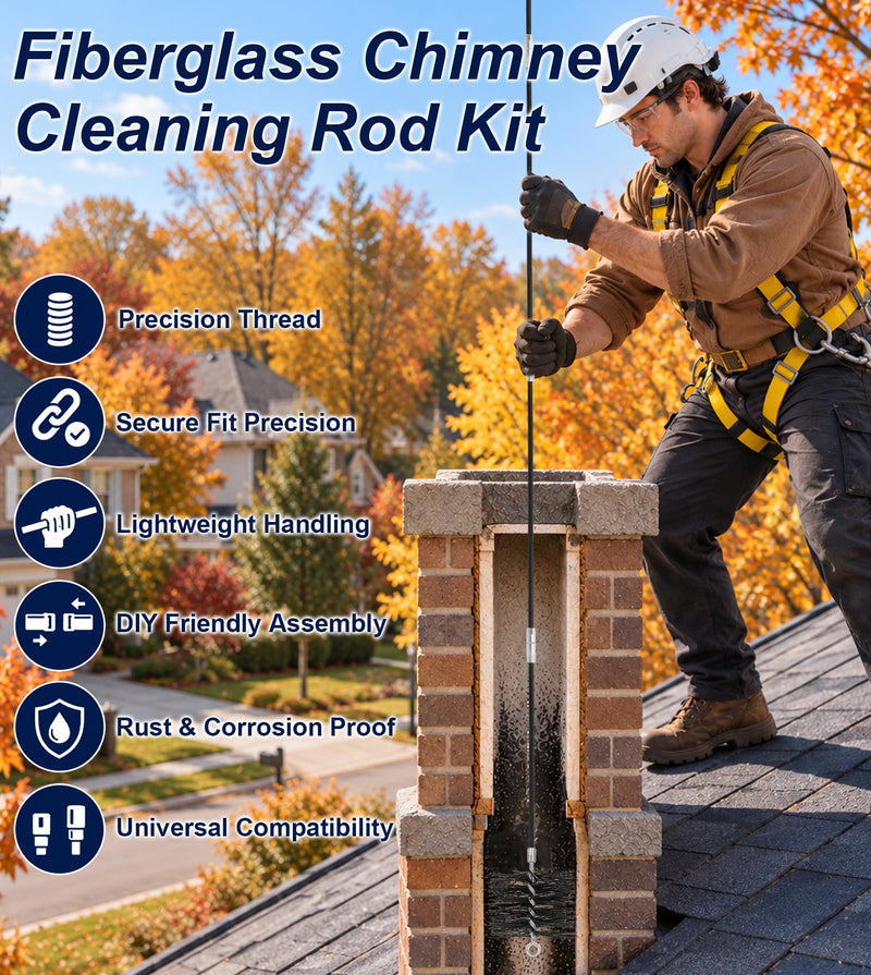 18FT Fiberglass Chimney Cleaning Rod Kit, 1/4" NPT Fittings for Cleaning Straight Chimney Pipes and Flue, 3FT * 6Pcs(Without Brush) 18FT
