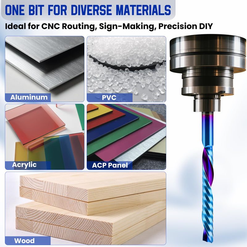 HQMaster 10pcs Down Cut O Flute CNC Router Bits, 1/8 Inch Shank Single Flute End Mill, Nano Blue Coated CNC Bit for Wood, MDF, PVC, Acrylic, Aluminum, Plasitc (1/8“ x 1/8" x 1" x 2") 1/8“ x 1/8" x 1" x 2"