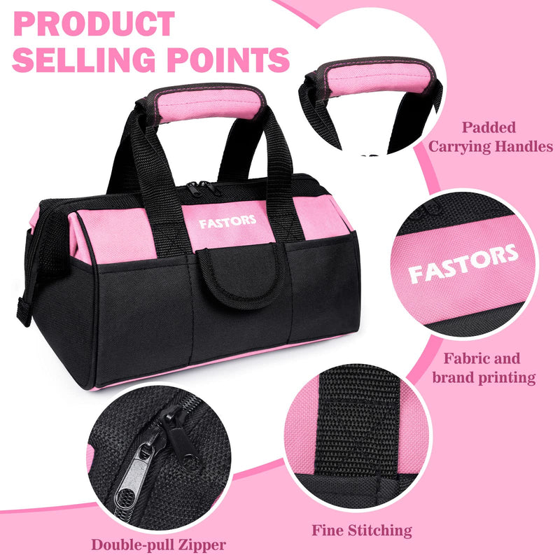 Pink Tool Bag for Women With 13-Inch Wide Mouth Double Zippers,Tool Bag With 8 Pockets Outside and 2 Pockets Inside(PINK) Pink