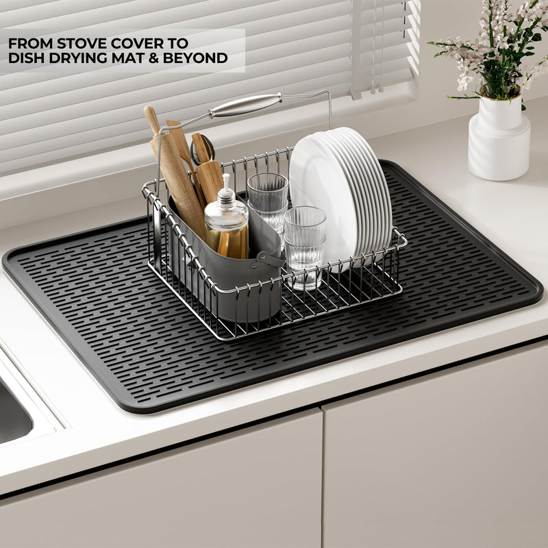Stove Top Covers for Electric Stove (28'' x 20''),Glass Stove Top Cover, Heat Resistant Mat up to 450°F, Flat Electric Stove Top Cover, Dish Drying Mat (Ridged Black) Ridged Black