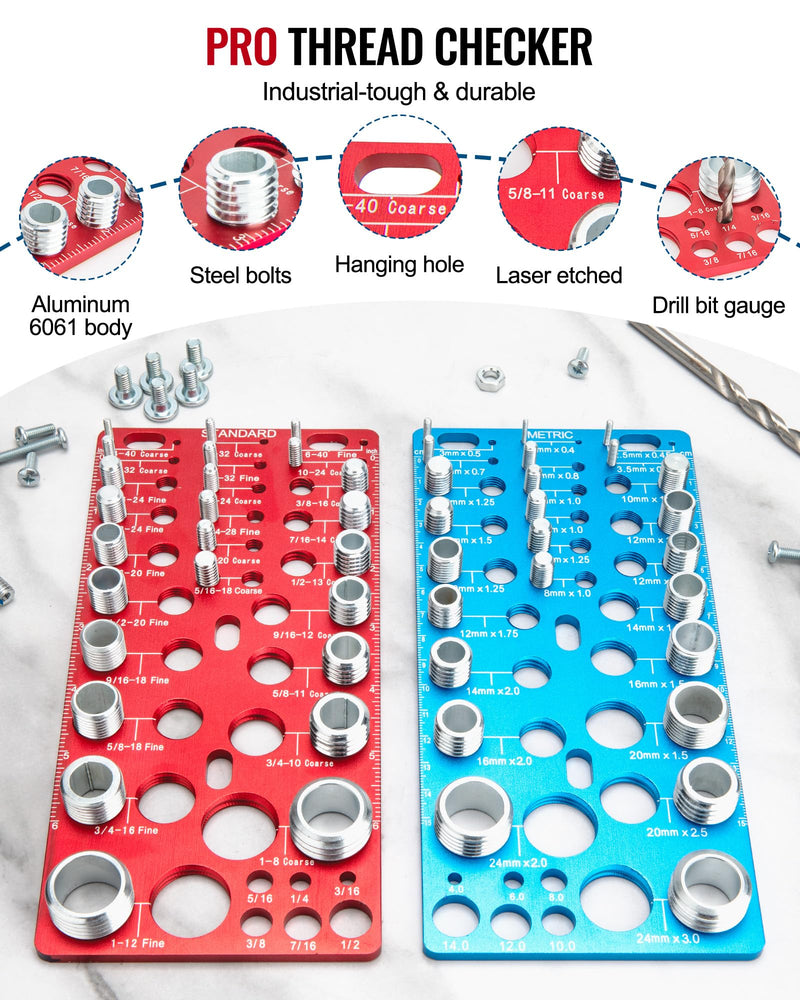 62 Pcs Nut and Bolt Thread Checker - 25 Standard + 25 Metric Thread Gauges | 12 Drill Bit Gauges, Wall-Mountable Bolt Size Finder for Identifying Fastener & Drill Bits