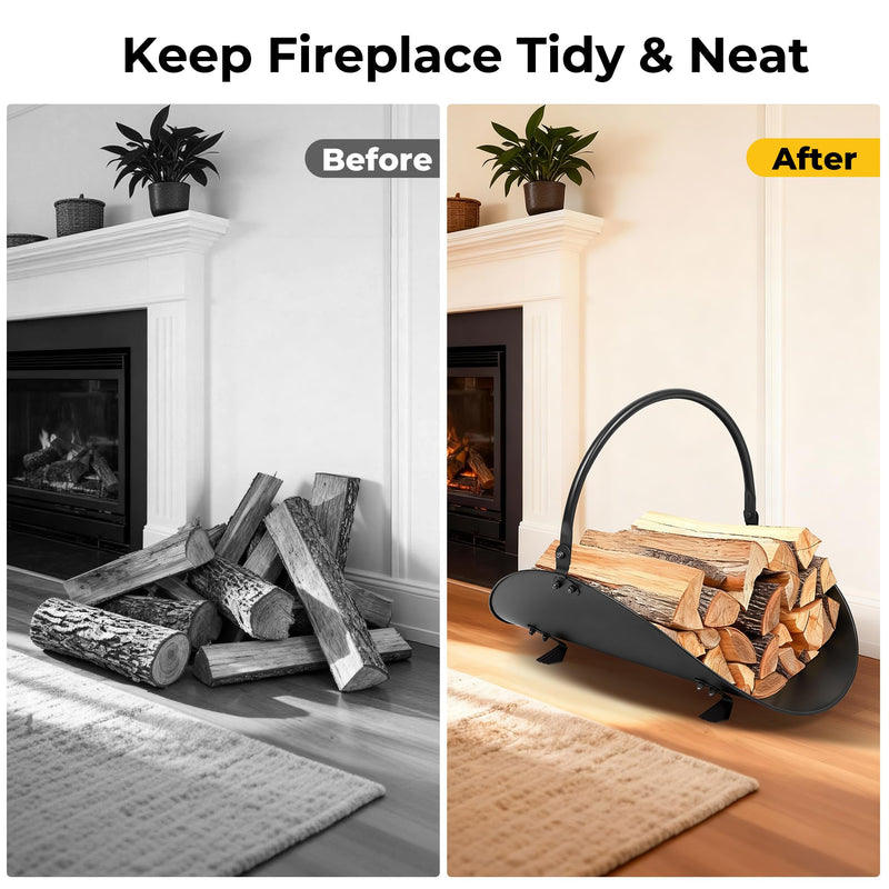 AMAGABELI GARDEN & HOME Fireplace Log Holder Indoor Firewood Carrier Metal Wood Rack Holder Tools Covers Fire Wood Basket Container Sets Ash Bucket and Carrying Bag Black Hearth 17"-Oval