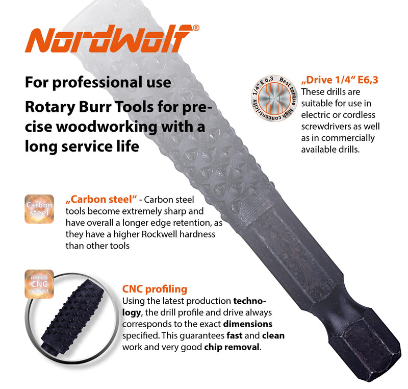NordWolf 10-Piece Rotary Burr Wood Carving Rasp Files Set, with 1/4" Hex Shank for Wood & Rubber Deburring, Shaping and Grooving - NewNest Australia