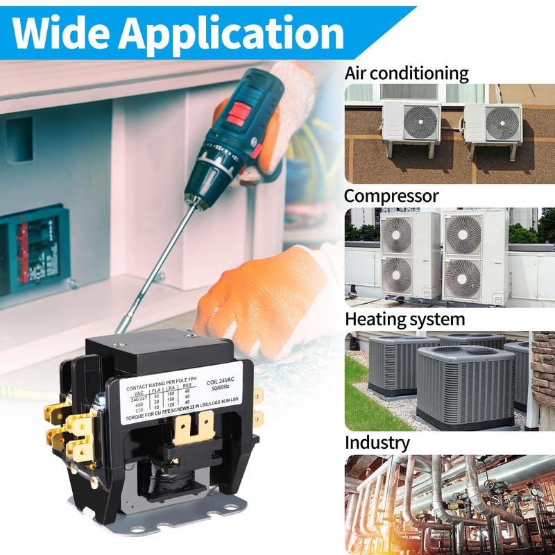 HVAC Motor Contactor, 2 Pole 40 Amp 24V Air Conditioning Contactor, Compatible with Air Conditioning Condenser Compressor Contactor. 2P 40A