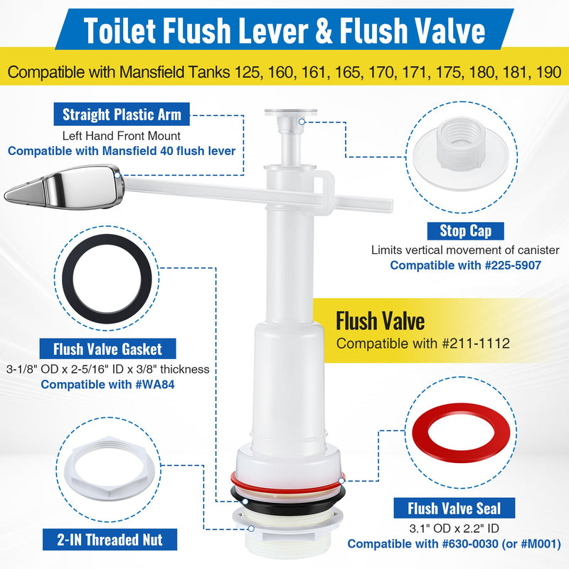 Flush Valve and Lever Compatible with Mansfield 211-1112 and 40, 7'' Straight Plastic Arm, Left Hand Front Mount, Replacement Toilets Flush Valve Parts, Tower Type