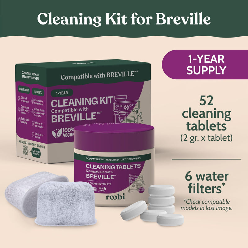 Roobi Breville Compatible Espresso Machine Cleaning & Maintenance Kit. Includes 52 Breville Cleaning Tablets and 6 Water Filters. Carbon Neutral. 1 Year Supply. Cleaning Kit