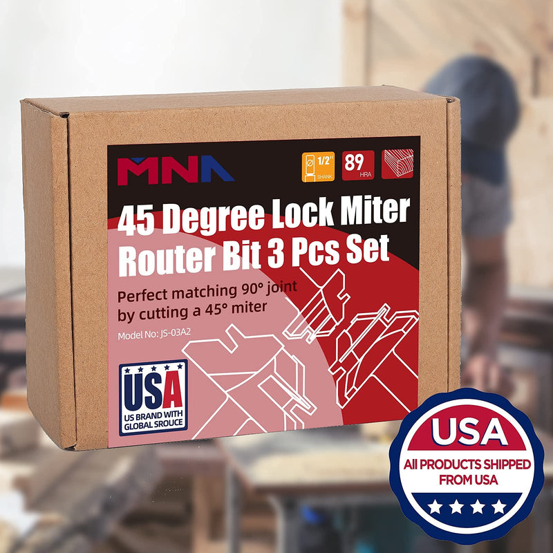 MNA 45 Degree Lock Miter Router Bit 3-Piece Set, for 1/2”, 3/4”, 1” Cutting Height, 1/2 Inch Shank. Easy to Create Lock Miter Joint