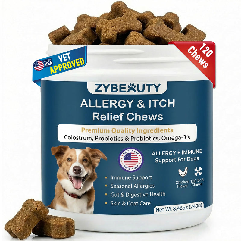 Dog Allergy Chews, Dog Probiotics for Itchy Skin Dog Allergy Relief Bites Skin and Coat Supplement Immune Support with Omega 3 Fish Oil Colostrum for Dog Seasonal Allergies Itchy Skin and Ear 120ct