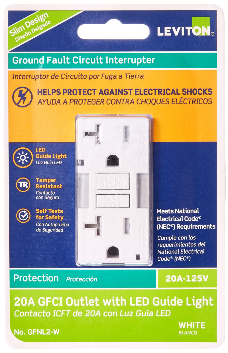 Leviton GFCI Outlet with Guidelight, 20 Amp, Self Test, Tamper-Resistant with LED Indicator Light, Replaces Plugged in Night Light, GFNL2-W, White GFCI, Guidelight
