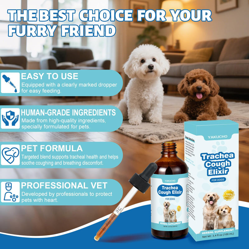 Yakucho Collapsed Trachea Treatment Liquid for Dog, 3.4 FL OZ Trachea Cough Elixir, Herbal Throat & Airway Comfort Formula for Dogs, Daily Respiratory Wellness Support, Easy to Administer