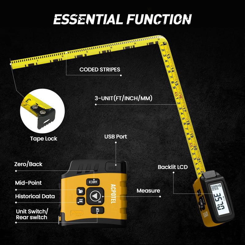 Digital Tape Measure 2-in-1, 16FT Digital Tape Measure with Display, Regular Tape Measure, Area Volume Measuring Pythagorean Mode, Waterproof and Rechargeab, 20 Groups Historical Memory (Yellow) Yellow