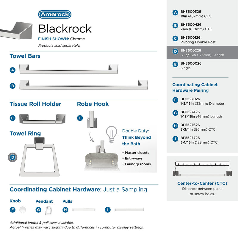 Amerock BH3600226 | Chrome Towel Ring | 6-13/16 inch (173 mm) Width Towel Holder | Blackrock | Hand Towel Holder for Bathroom Wall | Small Kitchen | Bath Accessories