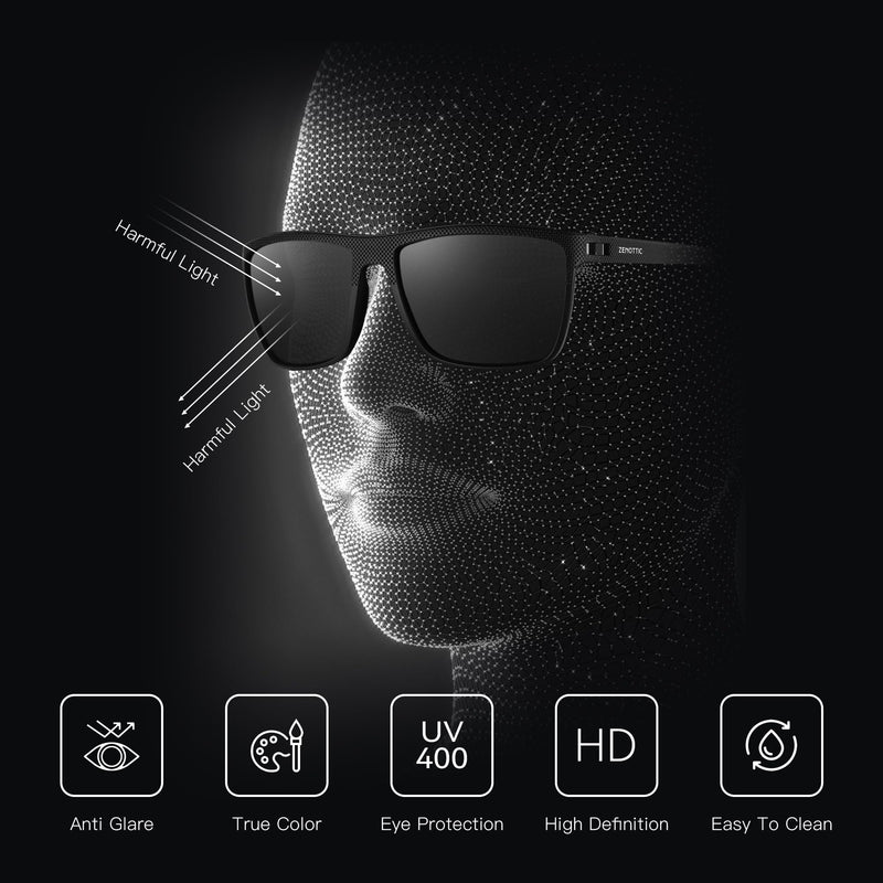 ZENOTTIC Polarized Sunglasses for Men Lightweight TR90 Frame UV400 Protection Square Sun Glasses C02 Black Frame / Black Polarized Lens