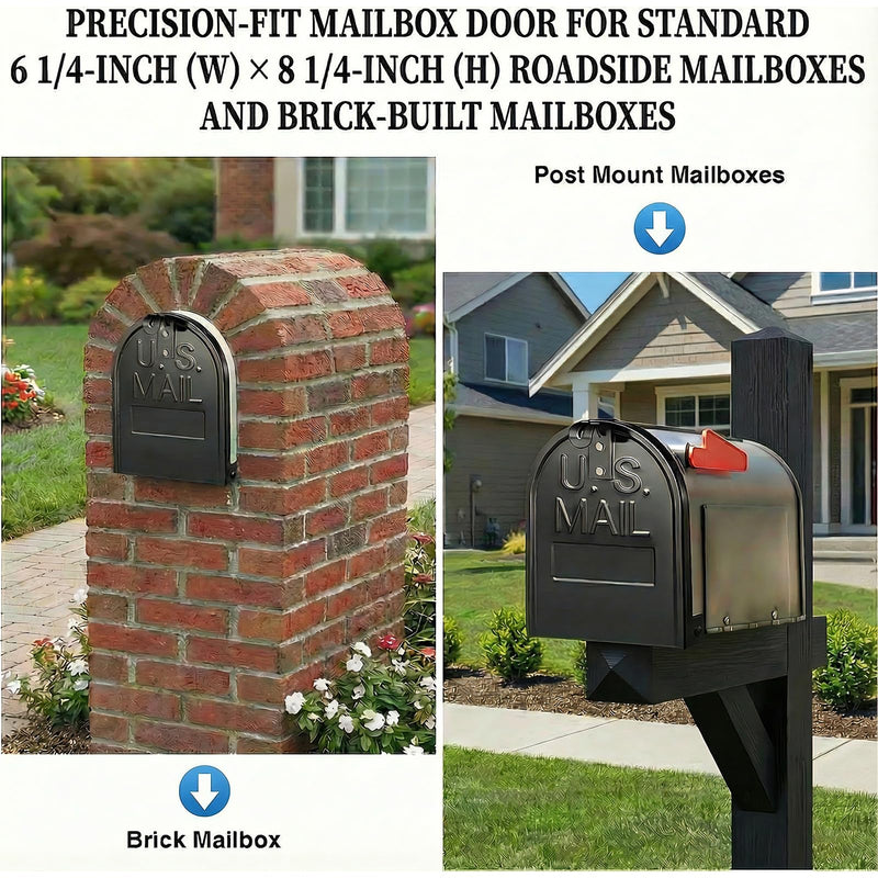 Mailbox Door Replacement Panel-6 1/4"(W) x 8 1/4"(H), Black Metal Snap-in Front Panel with Flat-Head Screws Easy Installation Kit Fits Many Curbside Standard Residential Mailboxes Brick Mailbox