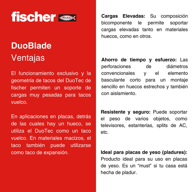 fischer DuoTec12 S PH 1/2" 10pcs Toggle-Plug Panhead Screw (Not Included), 2-Component Fastenings in Drywall, Wood, Steel & Plastic Panels DuoTec 12