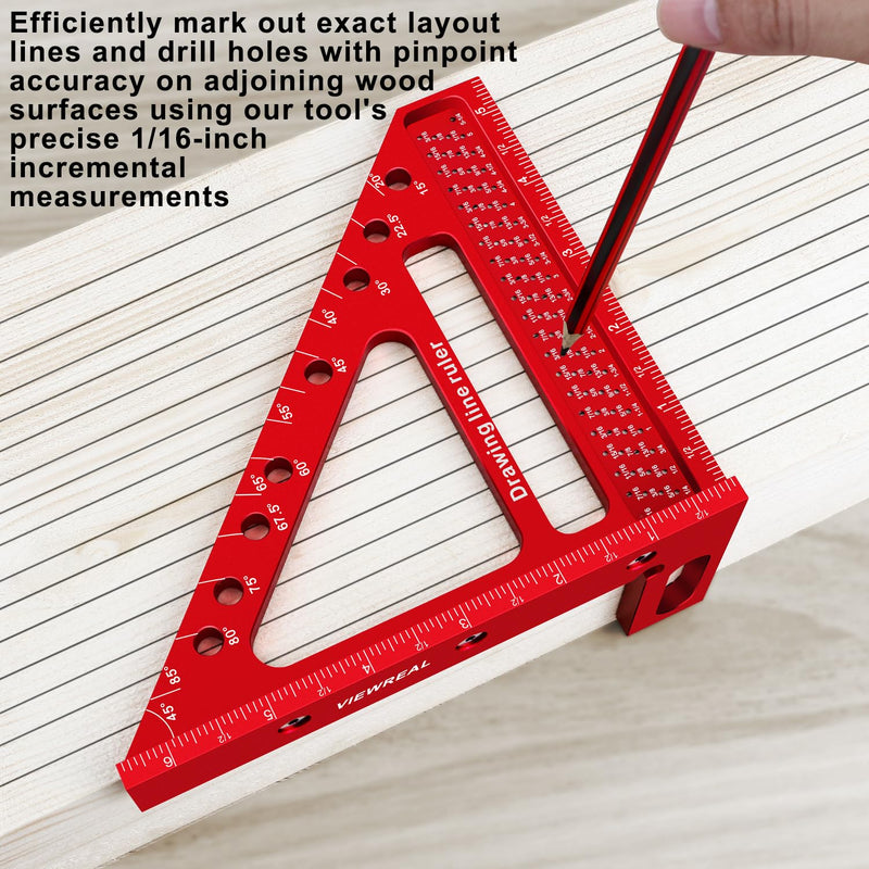 Large Carpenter Square 6.5''x5.79''Protractor Ruler with 3D Multi-Angle Measuring and Scribing Features with Anti-Lost Pin for Accurate Woodworking & Construction Red