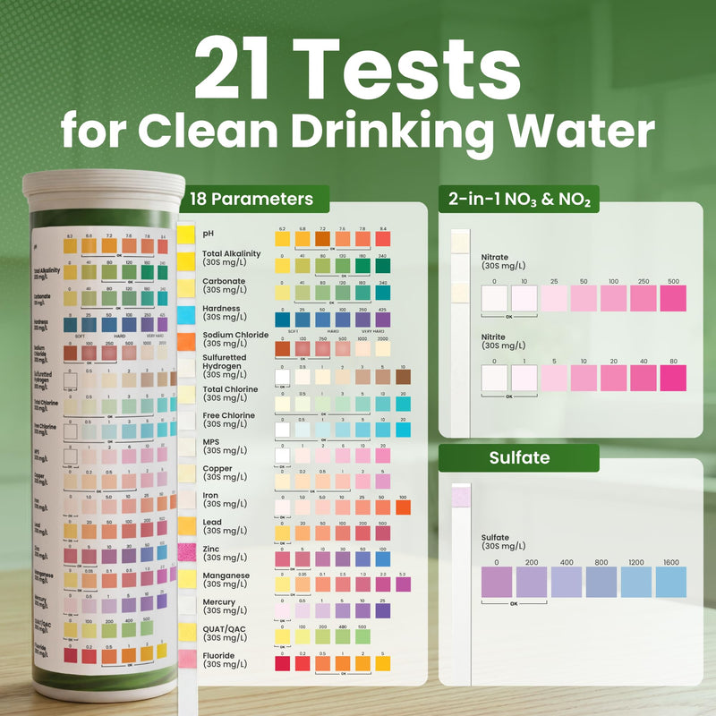 21-in-1 Drinking Water Test Kit – 120 Strips + 2 Bacteria Tests – Easy DIY Testing for Tap, Well & Spring Water – Tests Lead, Fluoride, Iron, Hardness, pH, Chlorine, Copper, Bacteria & More Drinking Water Test Kit (120 Pack)