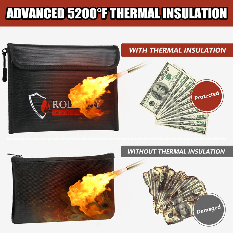 ROLOWAY Fireproof Bag (9.6 x 6.6 inches) 5200℉ Heat Insulated, Fireproof Money Bag with Zipper for Cash (2-Pack Black) 9.6 x 6.6 inch 5200℉ Black Bag