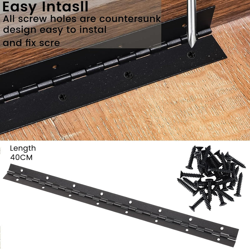 16-Inch Black Continuous & Piano Hinges - 2 PCS Heavy Duty Stainless Steel Butt Hinges with Hole - 0.05" Thickness, 1.2" Open Width - Ideal for Folding Cabinet Doors - Includes 32pcs Screws