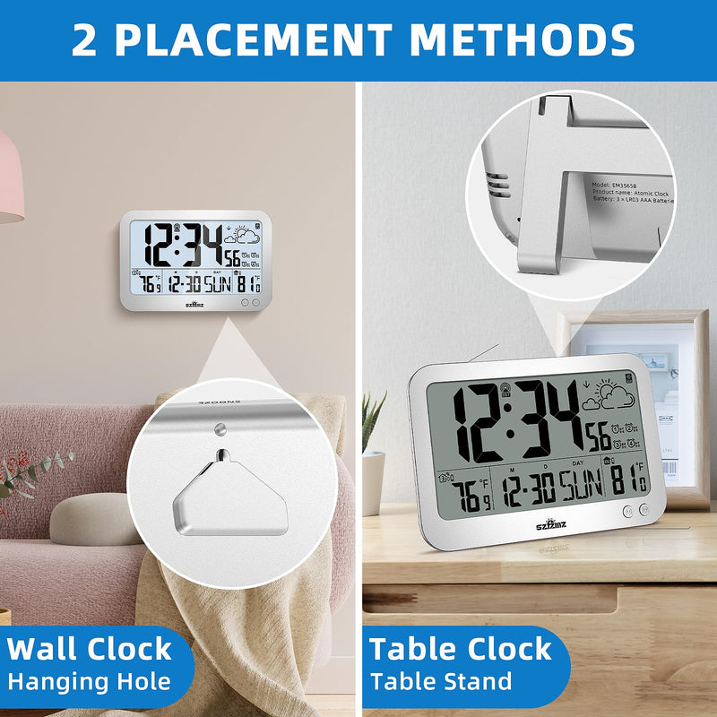 Atomic Clock, 10" Digital Clock Large Display, Wall Clocks Battery Operated with Backlight, Wireless Outdoor Sensor, Alarm Clock Indoor Outdoor Temp, 4 Time Zones, Auto DST, Clock for Bedroom (Sliver) Sliver