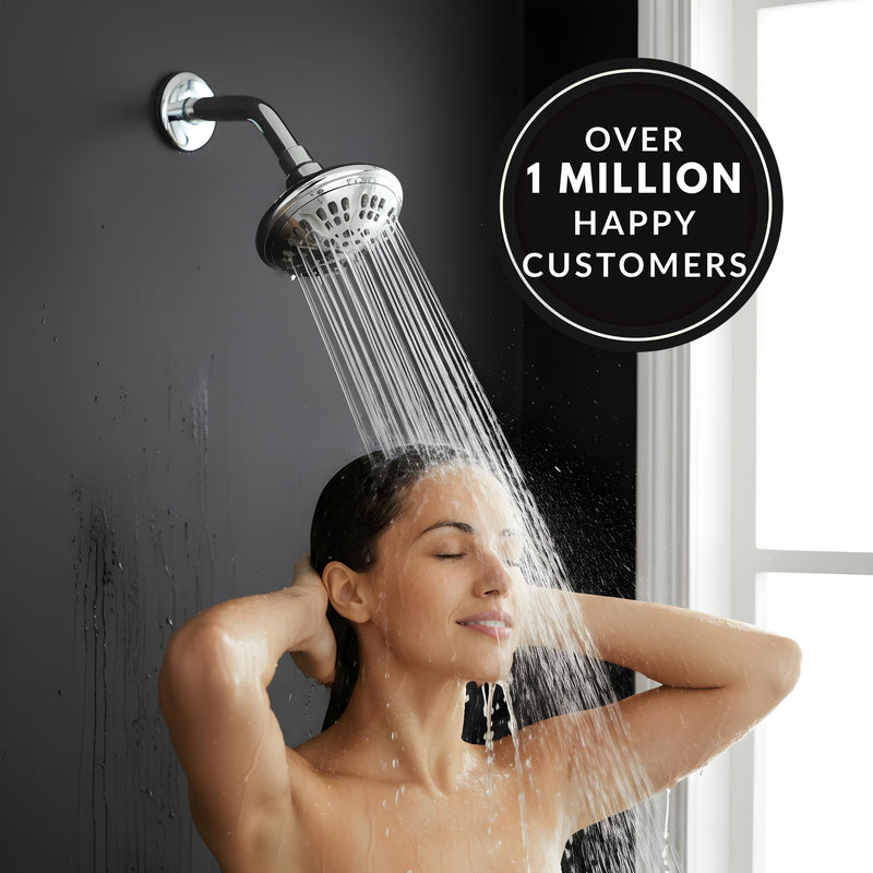 6 Function Adjustable Luxury Shower Head - High Pressure Boosting, Wall Mount, Bathroom Showerhead For Low Flow Showers, 2.5 GPM - Chrome