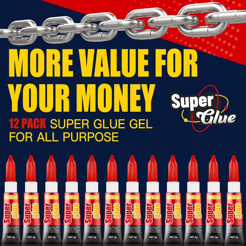 3 Gram (Pack of 12) Single use Super Glue Gel, Super Fast, Thick & Strong Adhesive Superglue, Cyanoacrylate Glue for Hard Plastics, DIY Craft, Ceramics, Frame, Leather, Metal Etc Pack of 12