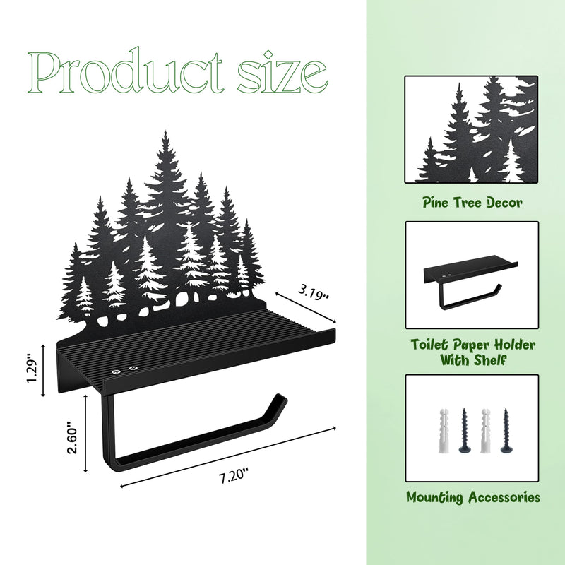 Rustic Toilet Paper Holder with Pine Tree Design - Metal Farmhouse Bathroom Tissue Roll Organizer with Shelf for Cabin Bathroom, Lodge & Black Forest Decor | Unique Wall Mount Rustic Home Accents