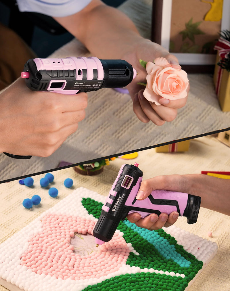 EZARC Cordless Hot Glue Gun, 15s Heating Fast Glue Gun Kit with 30 Pcs Mini Glue Gun Sticks, Automatic-Safety-Power-Off, Built-in 2500 mAh Lithium-ion for Art, Crafts, Decorations, Home Repairs Pink