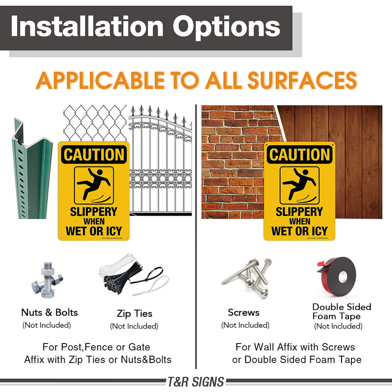 Slippery When Wet Or ICY Sign, Caution Sign, 4 Pack, 10" x 7" Rust Free .040 Aluminum, UV Protected, Waterproof, Weatherproof and Fade Resistant, 4 Pre-drilled Holes YELLOW - 4 Pack