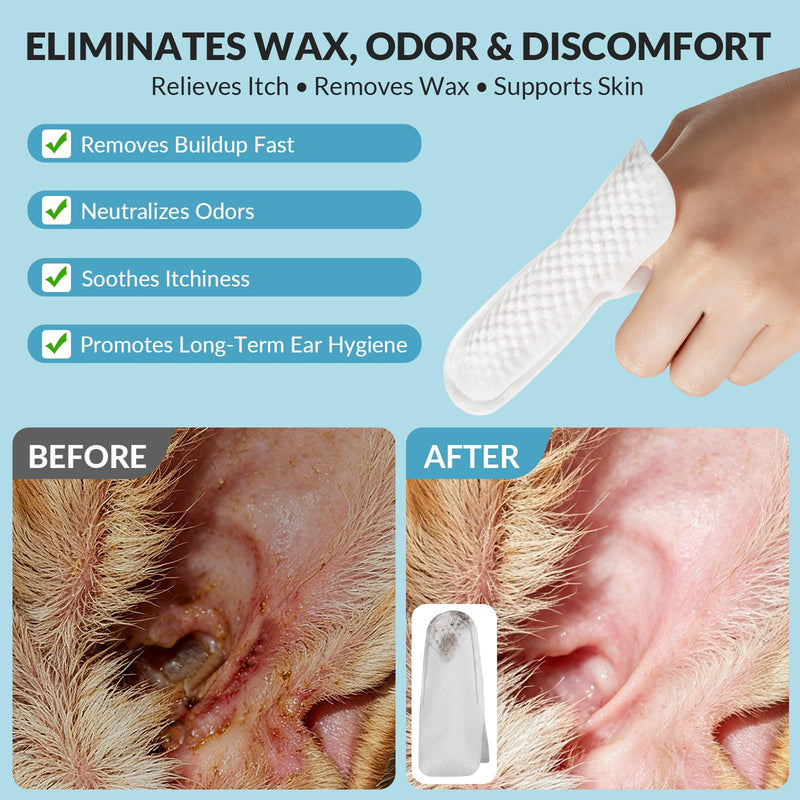 Dog Ear Finger Wipes for Dogs & Cats, Removes Ear Wax & Buildup, Better Than Ear Drops, Larger No-Slip Finger Fit for Better Control, Aloe Vera & Witch Hazel, Gentle for Sensitive Ears - 50 Count