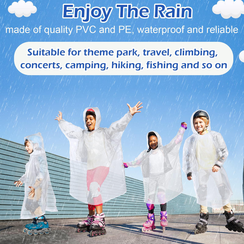 Berlune 40 Pcs Kid Ponchos Bulk Disposable Kids Rain Ponchos Bulk Emergency Raincoat with Drawstring Hood and Elastic Sleeves One Size Clear