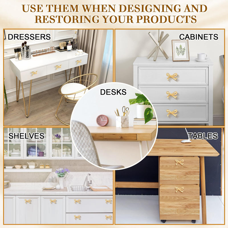 Draupnir 10Pcs Large Gold Bow Knobs for Dresser Bow Shape Cabinets Knobs, Metal Brass Bows Hardware Decorative Drawer Handles for Desk, Wardrobe, TV Cabinet & Bookcase(2.76" x 1.97")