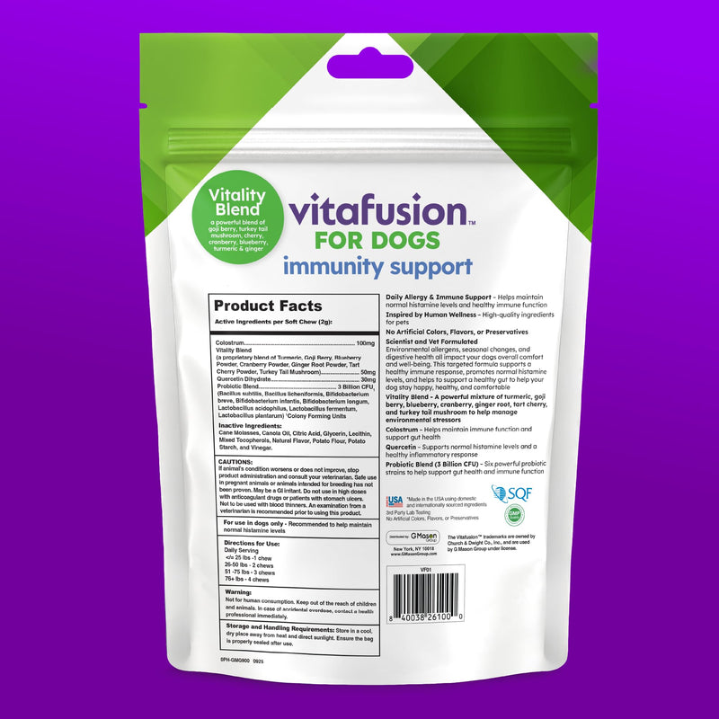 VitaFusion Probiotics for Dogs, Gut & Digestive Health Support with Colostrum & Quercetin, Immune & Seasonal Allergy Support, Superfood Vitality Blend, Beef Flavor120 Soft Chews. Probiotics and Immunity Support
