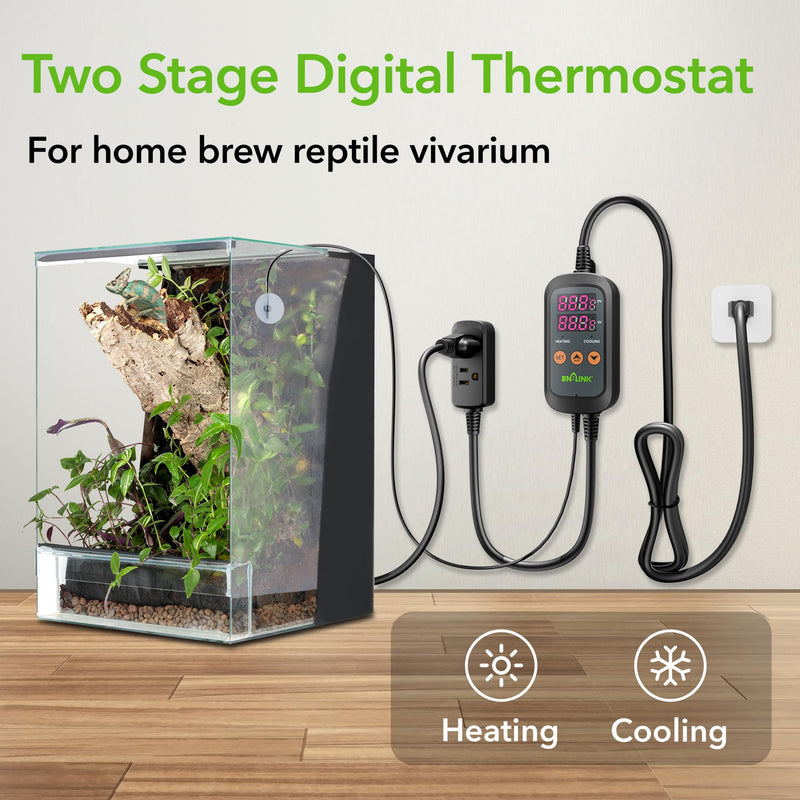 BN-LINK Digital Temperature Controller Thermostat Outlet with Heating Cooling Mode, 2-Stage Outlet Thermostat Controller Plug for Reptiles Aquarium Carboy Homebrew Breeding Fermenter Seed Germination T10U