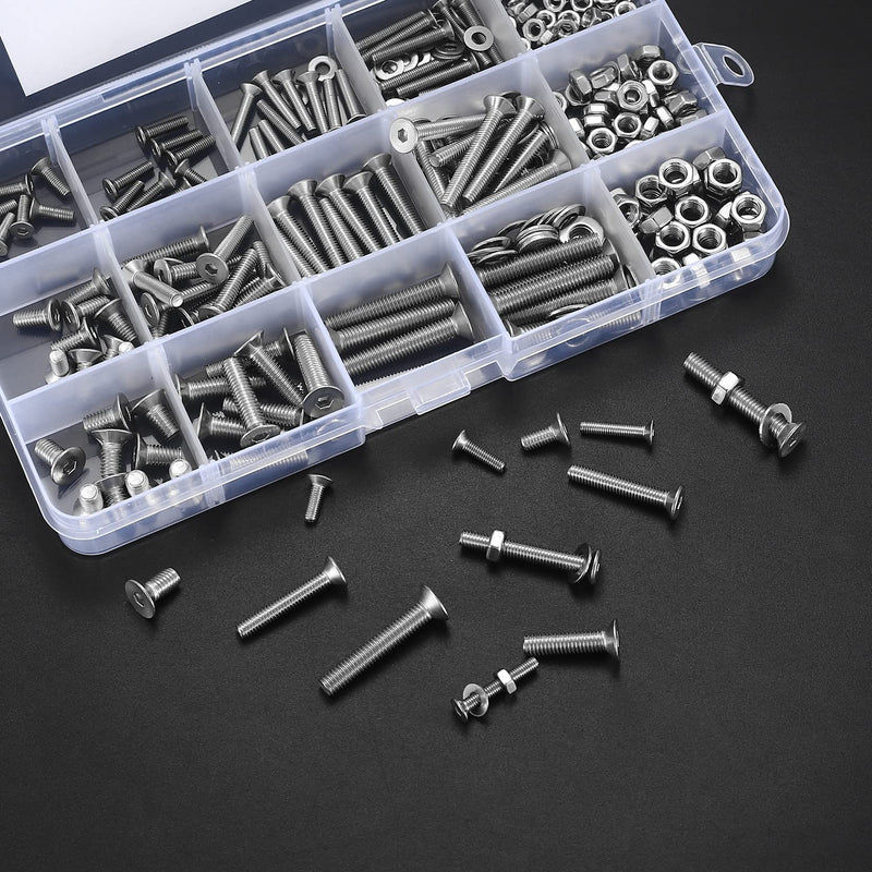330 Pcs Countersunk Head Hexagon Socket Screws Bolts and Nuts and Washers Assortment Kit, M3 M4 M5 Metric Stainless Steel Bolts and Machine Screws and Nuts and Washers Set for Home Industrial