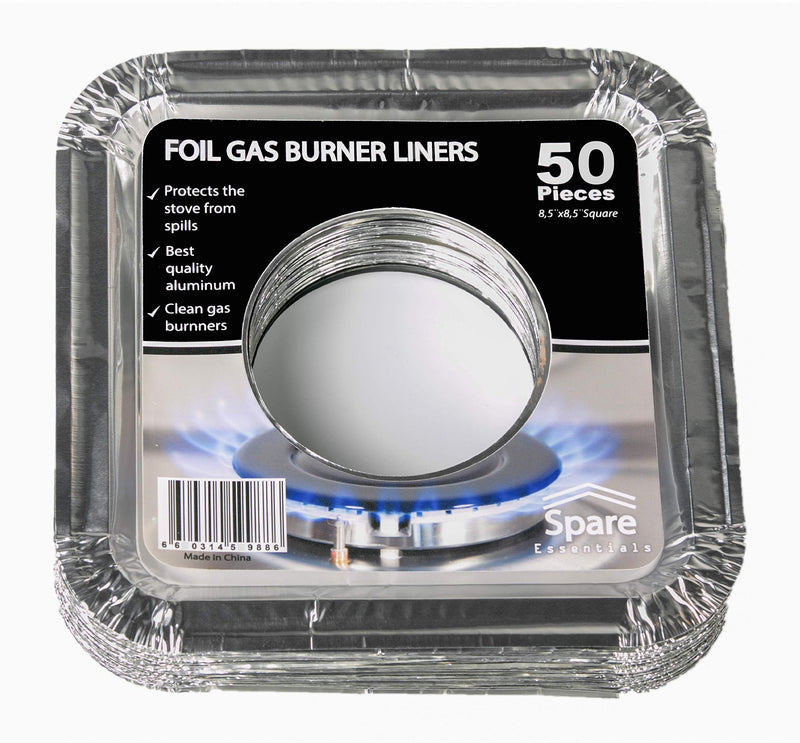 Disposable Gas Burner Liners 50 Pack, Aluminum Foil Square Stove Covers, Range Protectors, Stove Top Foil Covers for Gas Burners, Catch Food Spills, Aluminum Stove Burner Cover, Foil Liner 8.5x8.5 In