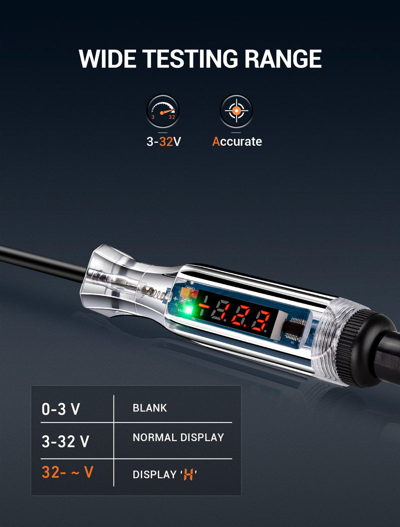 Premium Digital LED Automotive Circuit Tester, DC 2.6V-32V Test Light with Portable PU Extended Spring Wire, Vehicle Circuits Low Voltage Light Tester with Sharp Stainless Probe