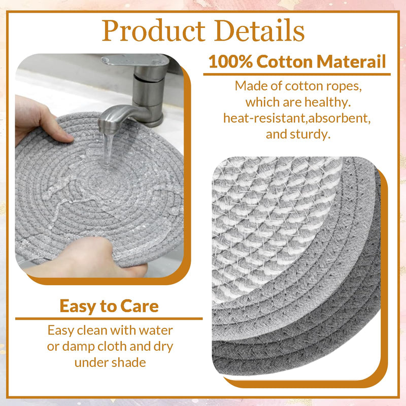 6Pcs Trivets for Hot Dishes - Hot Pads Cotton Rope Pot Holders for Kitchen Gray Pan Protectors for Stacking 10 Inch