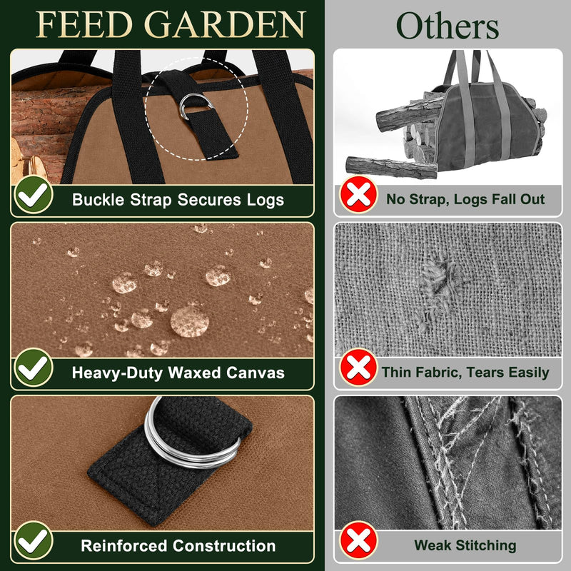 FEED GARDEN Firewood Carrier Bag Heavy Duty Waxed Canvas Log Carrier for Firewood Large Log Tote Fire Wood Carrying Bag with Handles for Easy Transport Carrying and Wood Stove Accessories Brown