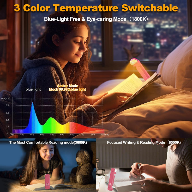 Book Reading Light,Silent Touch Book Lamp for Reading in Bed,Rechargeable Clip on Booklight with 3 Amber Colors & 7 LEDs Precise Dimming for Eye Caring Night Reading,Book Lovers,Kids,Pink Pink