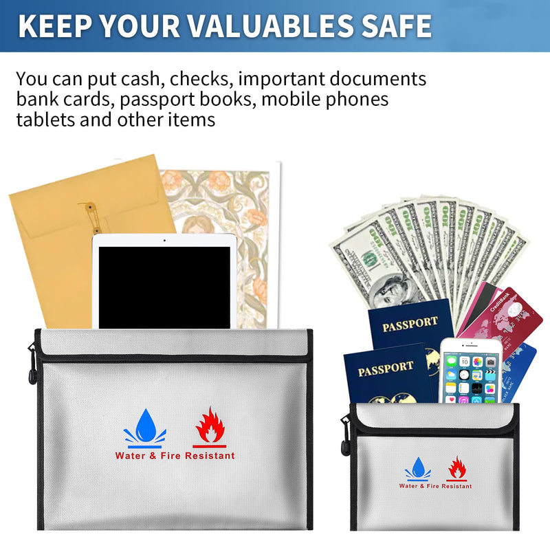 Fire-resistant document pouches, including a set of fire-resistant wallet security pouches, measuring 15 x 11 in and 9 x 7 in, with a non-irritating silicone coating, for Money, Documents and Passport