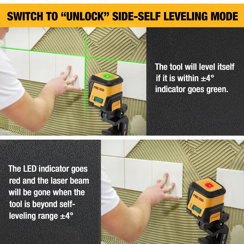 PREXISO Laser Level, 65Ft Self Leveling Cross Line Laser Level, Green Line leveler Tool for Hanging Picture, Floor Tile, Home Renovation with LED Indicator & 2 AA Batteries (360°Clamp) 360°Clamp