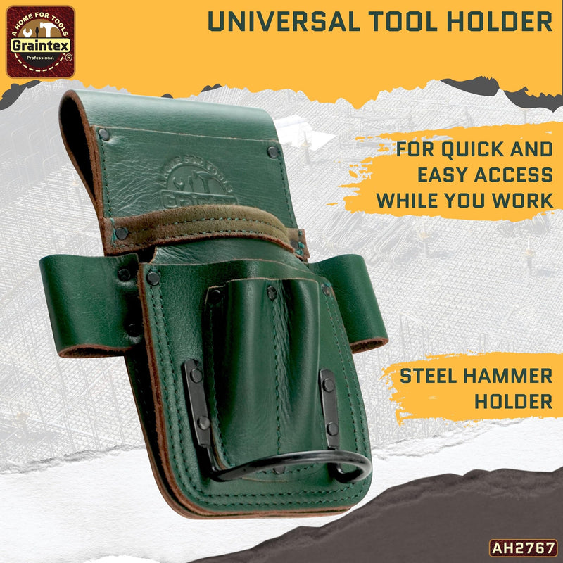 Graintex Ambassador Series 5 Pocket Multi Tool Holder, Top Grain Leather, Small Leather Pouch, Hammer Holder, Multipurpose Tool Belts for Men and Women, Ideal for Carpenters, Framers, Contractors Emerald Green