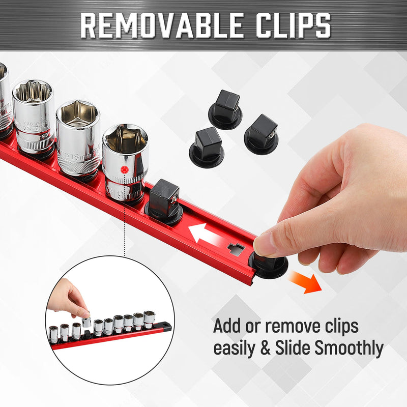 ALOANES 3/8-Inch Drive Magnetic Socket Organizer, Heavy Duty Aluminum Socket Rail Organizer, 360° Swivel Clips Socket Holder Kit for Tool Box, 3/8-Inch Socket Holder x 14 Clips (Red) Red