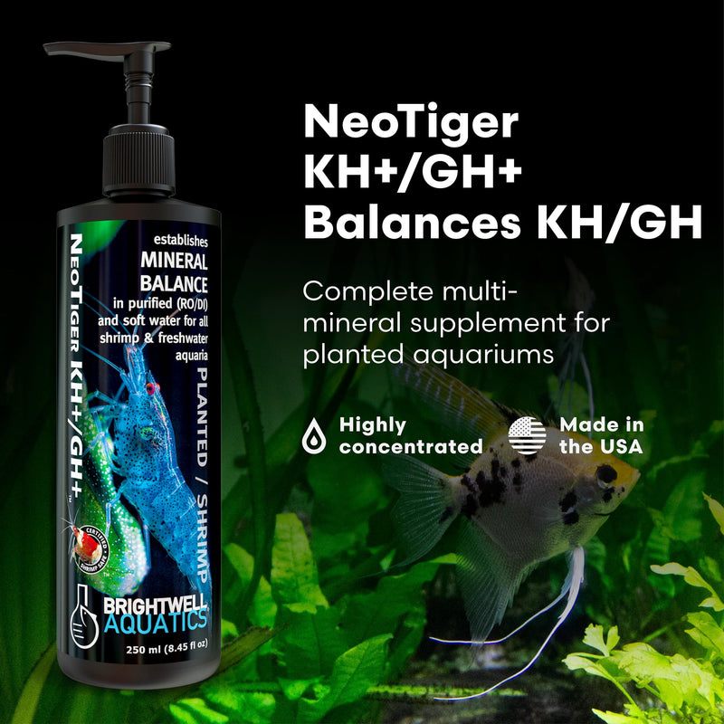 Brightwell Aquatics NeoTiger KH+/GH+ Mineral Supplement Balances Hardness in RO/DI Water with Calcium Magnesium Potassium Sodium for Shrimp Fish Planted Aquariums, 250 ml 250-ml